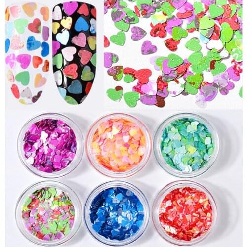 6 Boxes Holographic Heart Shape Glitter Flakes Nail Rhinestones Sparkly 3D Colorful Sequins Nail Art Set Manicure Decoration