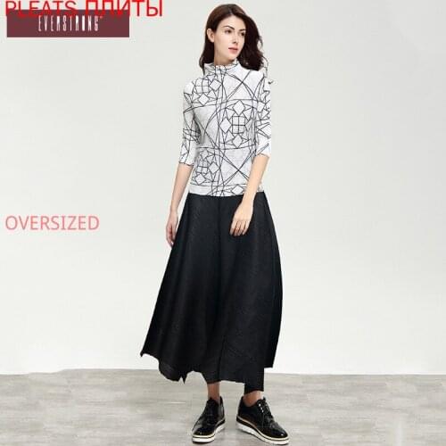 Miyake pleated top autumn new T-shirt female slim Korean casual high collar three-quarter sleeves