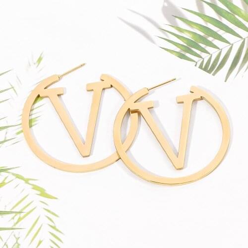 Fashion Large Letter V Hoop Earrings for Women Korean Earrings Stainless Steel Circle Round Drop Earrings Jewelry Gift