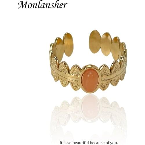 Monlansher Geometric Oval Spliced Natural Stone Open Ring Gold Color Matte Titanium Steel Ring Vintage Rings Jewelry Adjustable