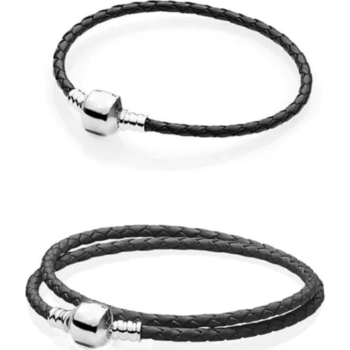 Baofu New Original 925 Sterling Silver Bracelet Black Leather Signature Bracelet, Suitable For Women Beaded DIY Fashion Jewelry