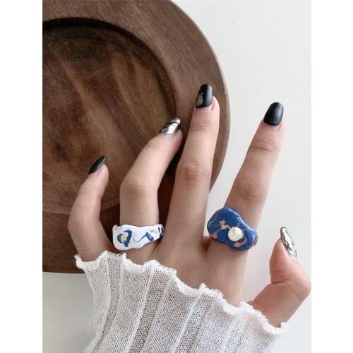 Origin Summer Japanese Handmade Enamel Irregular Ring for Women Imitation Pearl Open Adjustable Index Finger Ring Jewelry