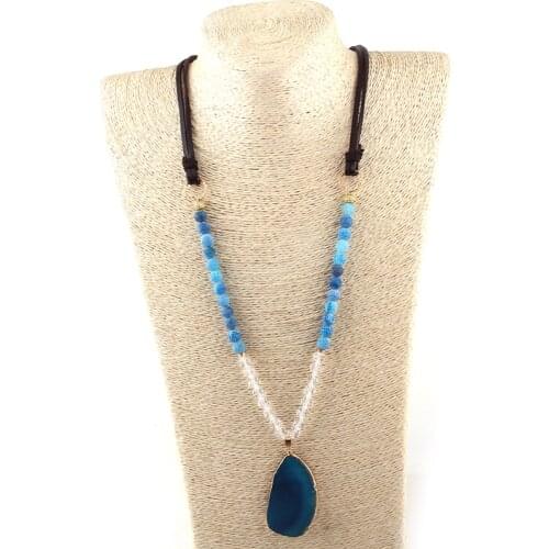 MOODPC FashionTribal Artisan Jewelry Leather Fosil Natural stone Facet Crystal glass beads Blue Irregular Agat Necklace