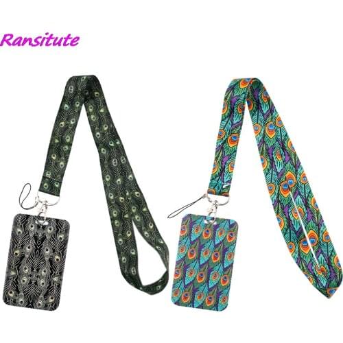 Ransitute R1928 Peacock Feather Lanyard Card ID Holder Car KeyChain ID Card Pass Gym Mobile Phone Badge Key Ring Holder Jewelry