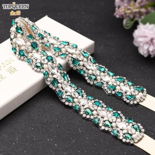 TOPQUEEN Luxury Rhinestone Crystal Belt for Wedding Bridal Belt Jewel Belt for Formal Dress Green Sash Belt Shiny Party Belt