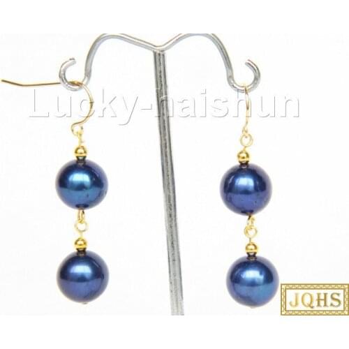 Dangle 12mm Round Navy Blue Freshwater Pearls Earrings 14K Gold Hook J10026