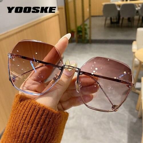 YOOSKE 2021 Rimless Sunglasses Women Retro Classic Designer Sun Glasses Female Metal Eyewear Blue Pink Shades UV400 Mirror