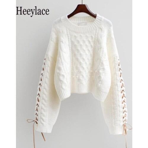 Oversized Loose Women Knitted Sweaters O-neck Lace Up Long Sleeve Pullovers Vintage Ladies Jumpers Knitwear Femme Elegant Tops