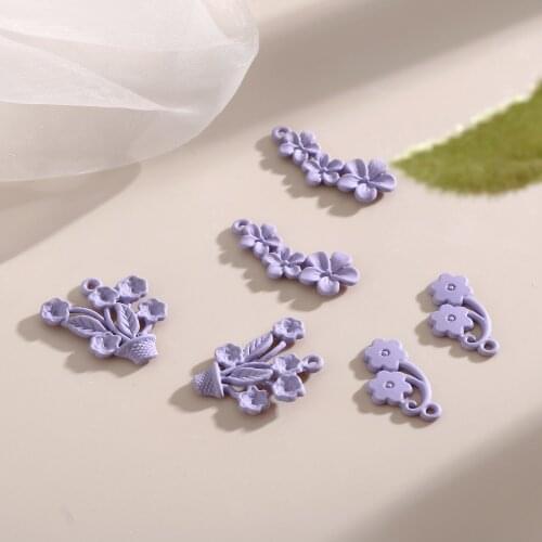 Spring style 50pcs/lot purple Rubber paint cartoon flowers shape alloy floating locket charms diy jewelry earring accessory