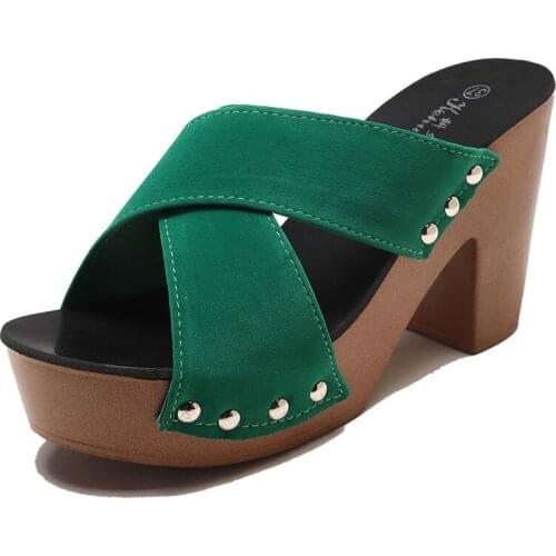 2021 New Summer Women Sandals Square High Heel Platform Flock Casual Rivet Pumps Peep Toe Elegant Ladies Shoes Zapatos De Mujer