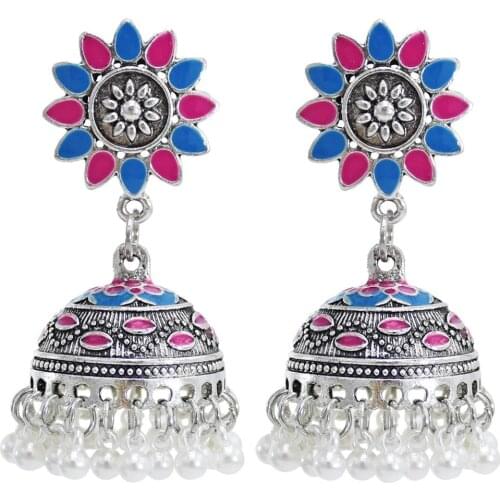 Afghan Oxidized Jewelry Sunflower Drop Earrings for Women Bohemian Pearls Tassel Indian Jhumka Earring Bridal Wedding Jewelry