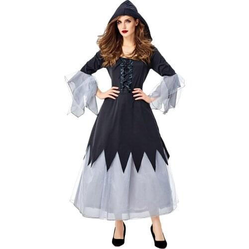 Umorden Adult Gray Black Witch Sorceress Costume Cosplay for Women Halloween Purim Party Costumes Fancy Dress Hooded