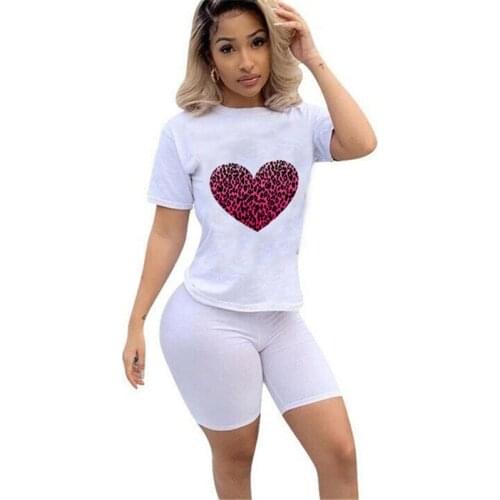 Women Tracksuit Summer T-Shirts and Solid Color Shorts Set Sexy Leopard Love Heart Female O-Neck Shirts 2 Piece Set Outfits New