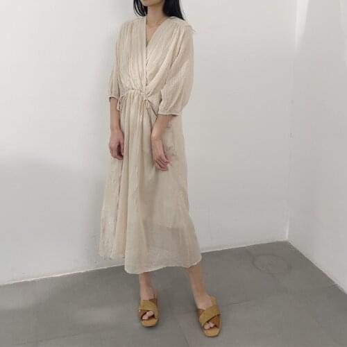 Johnature Summer New Korean V-neck Waist Tie Half Sleeve Dresses 2021 Casual Solid Color Loose Simple Dress