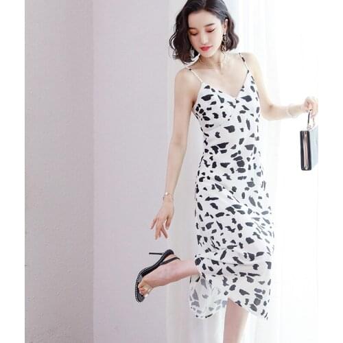 2021 Summer Slim Very Soft Smooth Fashion Woman Dresses elegant High Quality Womens Chiffon printing V-neck Dress