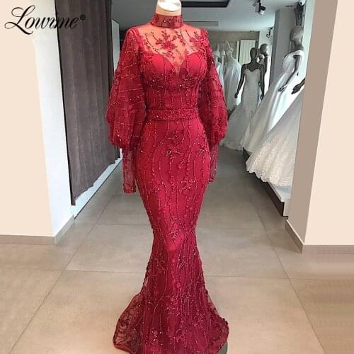 Wine Red Formal Evening Dresses Long Sleeves Beading Dubai Women Party Gowns Handmade Arabic East Middle Prom Dresses Vestidos