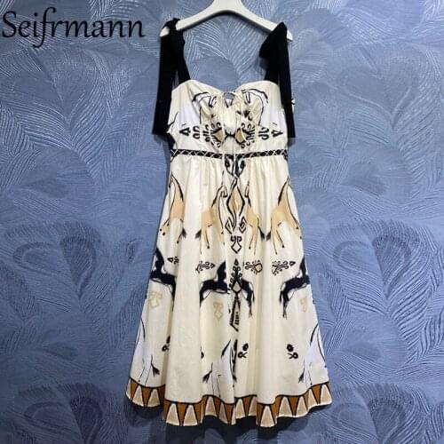 Seifrmann New 2021 Summer Women Fashion Runway Party A-Line Dress Sexy Spaghetti Strap High Waist Vintage Printed Midi Dresses