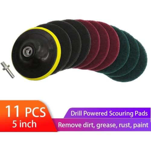 11pcs 5 Inch Drill Power Scrubber Scouring Pads Cleaning Kit Household Cleaner Tools Dusty Brush with Hook and Loop sanding pad