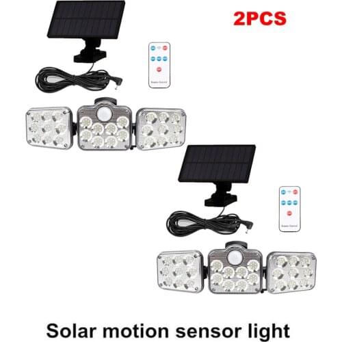 2pcs 138 led remote seperable Solar Lights Outdoor 3 Head Motion Sensor Wide Angle Illumination Super Bright Waterproof Lamp 5M