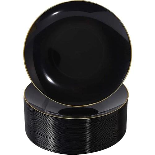 20Pcs 10.25in Disposable Tableware Black Plastic With Gold Rim Roulette Disposable Plates Suitable for Weddings and Parties