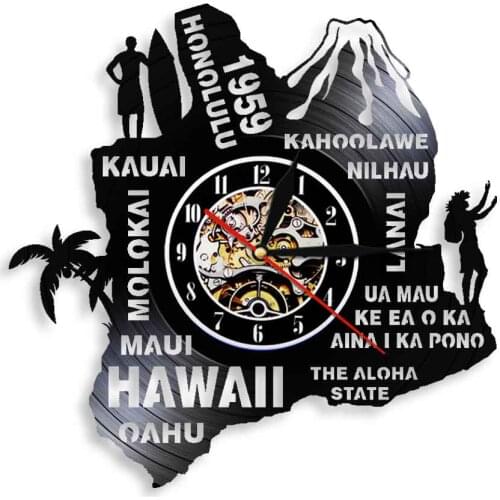 The Aloha State Hawaii Wall Clock Palm Tree Surfing Hawaii Modern Vinyl Record 3D Hanging Watches Clock Unique Travel Gift Idea