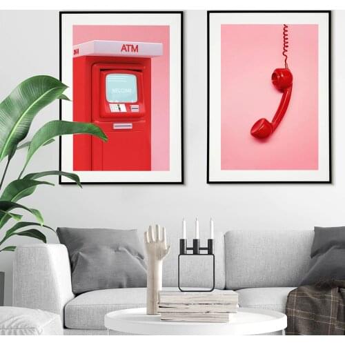Decoracion Retro Telephone Receiver Poster Canvas Pink Cash Machine Wall Art Posters and Prints Wall Pictures for Living Room