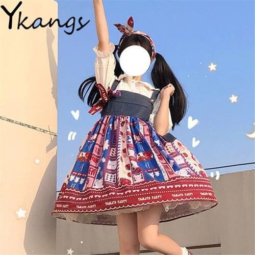Denim Splicing Print Bow Lace Preppy Style Vestidos New Kawaii Lolita Party Fairy Suspender Dress Sleeveless Cute Sweet Clothing
