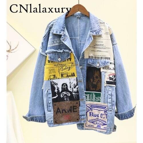 Hip hop Denim Jacket Women Fashion Print Long sleeve Vintage Bomber Jacket Coat Loose Washed Jeans Jacket Women Outerwear