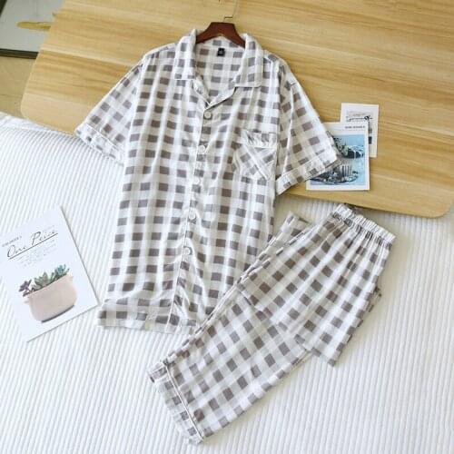 Summer Short-sleeved Couple Pajamas Simple Thin Plaid Viscose Sleepwear for Women and Men Plus Size 2 Piece Lounge Wear Home Set