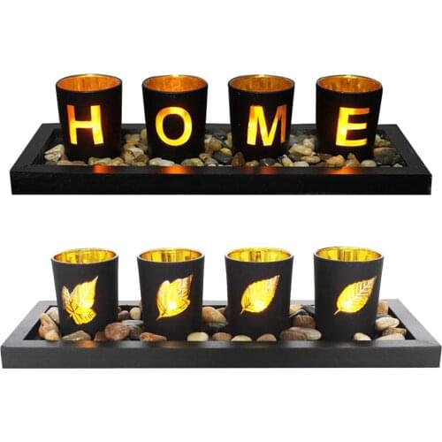 Candle Holders Set, Includes Ornamental Stones Black Wood Tray and 4 Glass Cups, Decorative Holiday Gift for your Loved One