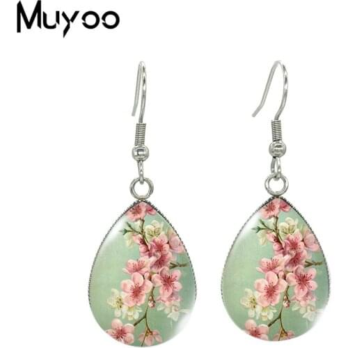 2021 New Cherry Blossom Tear drop Earring Art Flowers Fish hook Earrings Glass Cabochon Jewelry Handmade Items