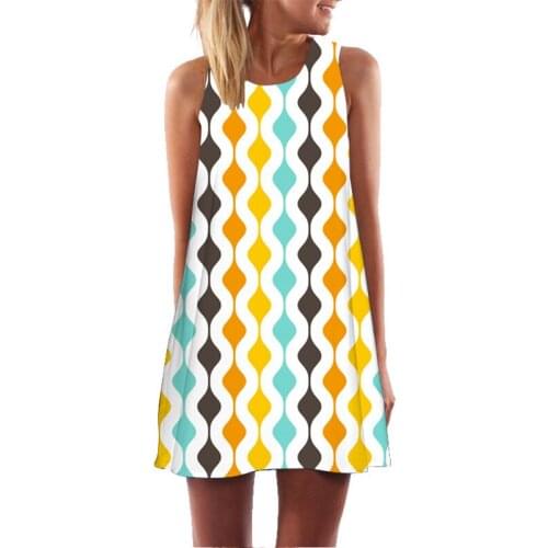 New Womens Vest Dress Striped 3D Printing Round Neck Large Swing Loose Strapless Mid-length Vest Sleeveless Dress