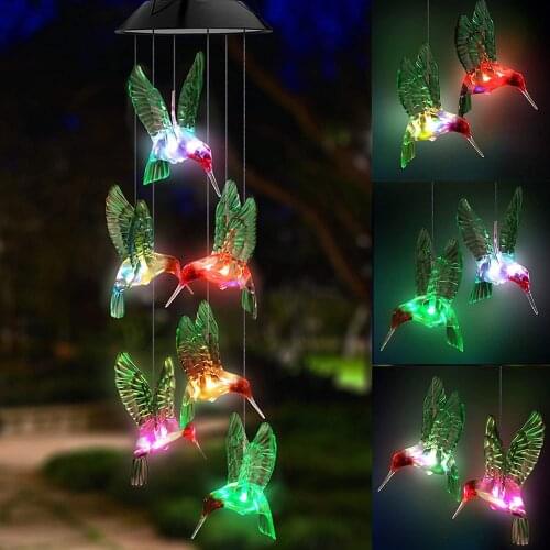 LED Solar Hummingbird Wind Chime, Changing Color Waterproof Six Hummingbird Wind Chimes for Home Party Night Garden Decoration
