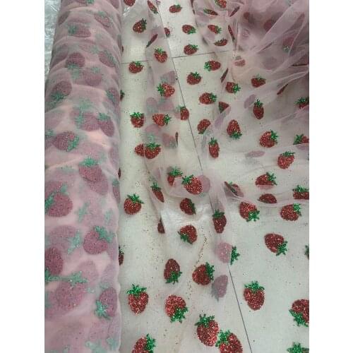 Stock 5yards/bag Red strawberry pattern fashion new flash powder craft fabric used in wedding dress design saw cut HL17