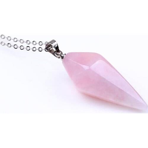 Trendy-beads Popular Silver Plated Hexagon Pyramid Pendant Natural Rose Pink Quartz Necklace With Chain
