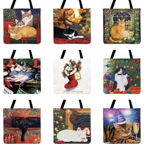 Outdoor Shopping Bags Beach Tote Bags Xmas Gift Leisurely Cat Painting Print Tote Bag For Women Casual Tote Ladies Shoulder Bag