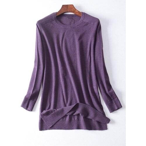 New fashion pure wool solid knit women Oneck open hem thin pullover sweater coffee 4color XS-L retail wholesale