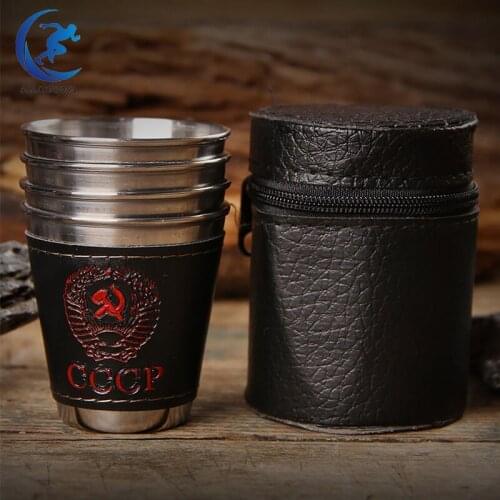 4pcs/lot 70ml Outdoor Camping Tableware Travel Cups Set Picnic Supplies Stainless Steel Wine Beer Cup Whiskey Mugs PU Leather