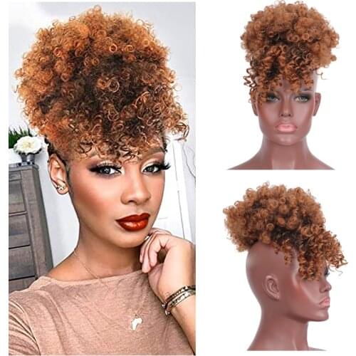 Afro Kinky Curly Ponytail With Bangs For Women High Puff Clip in Hairpiece Synthetic Drawstring Pony Tail Hair Bun Extensions