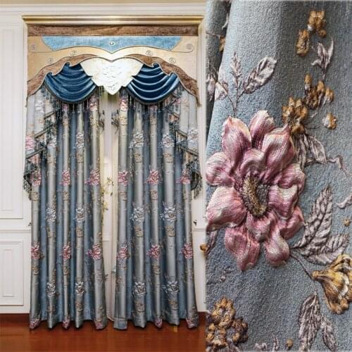American luxury blue villa elegant 4D jacquard decoration living room curtain high quality modern classic curtain for bedroom