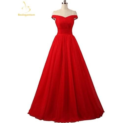 Bealegantom Fashion A-Line Off Shoulder Tulle Evening Dresses 2021 With Lace Up Formal Party Prom Gown Vestido Longo QA1089