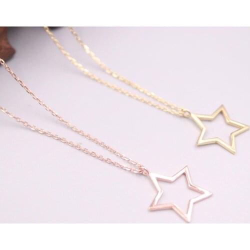 Pure 925 Sterling Silver Necklace 16x16mm Overgild Small Hollow Star Pendant Rolo Link Chain 17.71"L For Woman