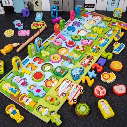 Childrens Multifunctional Wooden Digit Match Board Shape Cognition Cartoon Animal Fruit Vehicle Profession Match Fishing Toy