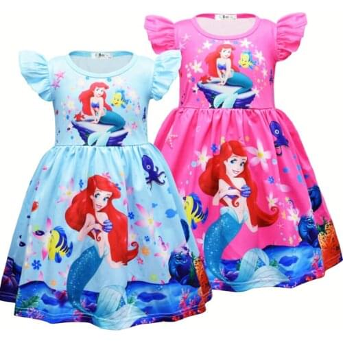 Childrens Mermaid Dress 2021 Baby Girl Summer Short Sleeve Cartoon Print Flying Sleeve Dress Milk Silk Mermaid Pattern Dress