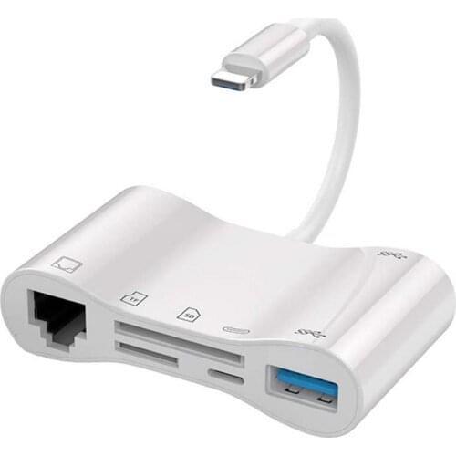 6 In 1 For IPhone Card Reader Adapter For Lightning, LAN 100Mbps Ethernet RJ45 Adapter OTG USB SD TF Card Reader For iPad/iPhone