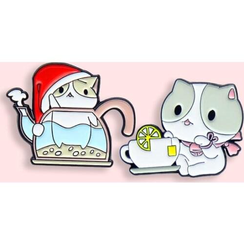 Creative Cartoon Cat Badge Fashion Cute Teapot Teacup Metal Enamel Brooch Fun Unique Lapel Backpack Jewelry Gifts for Kids