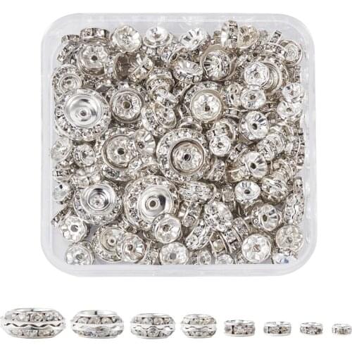 220pcs/box Brass Rhinestone Spacer Beads Rondelle Grade A Straight Flange Metal Color Crystal, 7.4x7.2x1.7cm