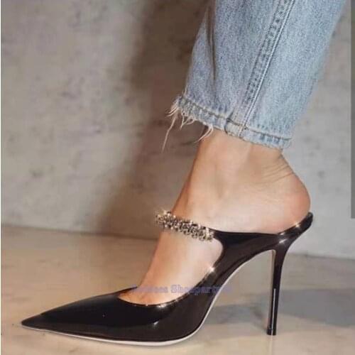 Fashion Black White Patent Leather Crystal Pointed Toe Slip On Pumps With Feminine Party Dress Shoes Thin High Heels
