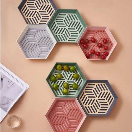 Nordic Simple Hexagonal Plastic Dried Fruit Plate Snack Serving Tray Household Storage Box Kitchen Drain Fruit Plate With Mats