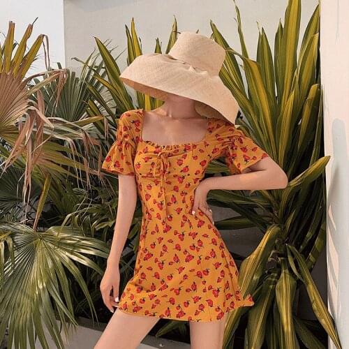 2021 New Swimsuit Women Short Sleeve Skirt One Piece Floral Printed Monokini Push Up Swim Suit Korea Style Trikini Bathing Suit